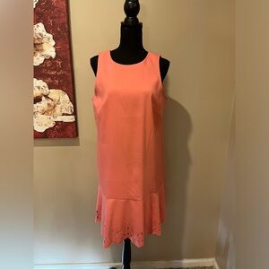 Loft Peach round neck, sleeveless dress w/ bottom ruffle with cut outs, size 10